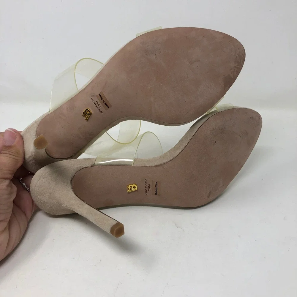Veronica Beard Asha Sandals Womens 7.5 Tan Suede Clear PVC Double Strap Stiletto